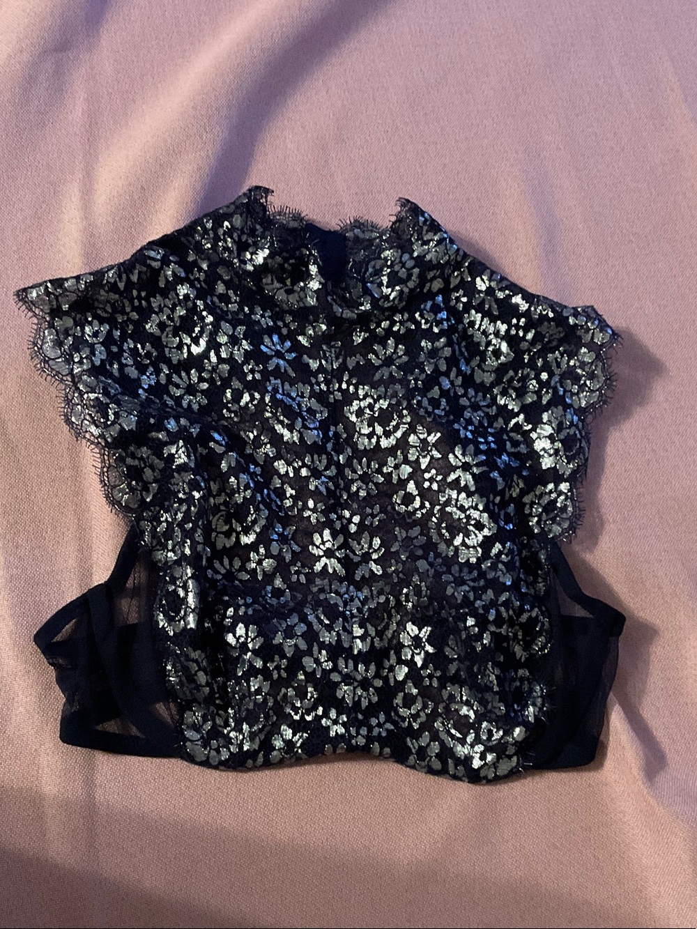 Victoria's Secret Black Camisole with Silver Floral Lace Overlay